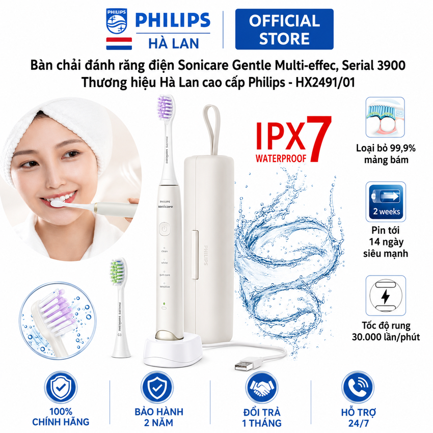Bàn chải đánh răng điện Philips Sonicare Gentle Multi-effec Serial 3900 HX2491/01 - Hàng Chính Hãng