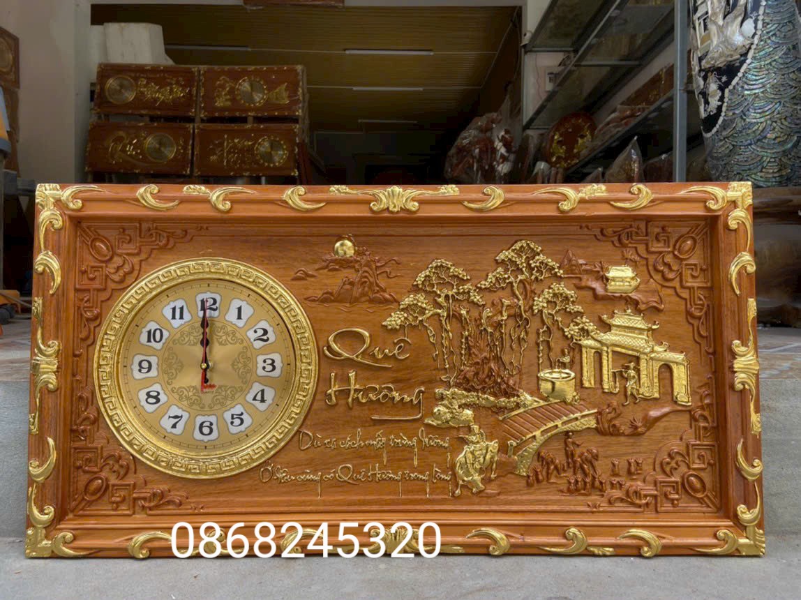 Tranh đồng hồ treo tường khắc chữ quê hương bằng gỗ gõ đỏ kt 41×8×4cm