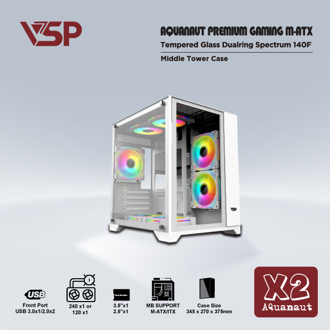 Vỏ máy tính Case VSP X2 Aquanaut [TRẮNG] không Fan Kính cường lực 2 mặt (M-ATX,I-ATX) - Hàng chính hãng Tech Vision phân phối