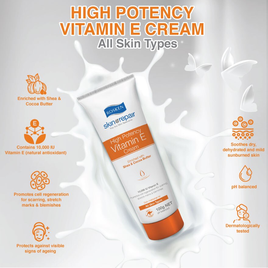 Kem dưỡng phục hồi da Rosken High Potency Vitamin E Cream 100ml - dành cho da bỏng, bỏng nắng, bỏng sau peel