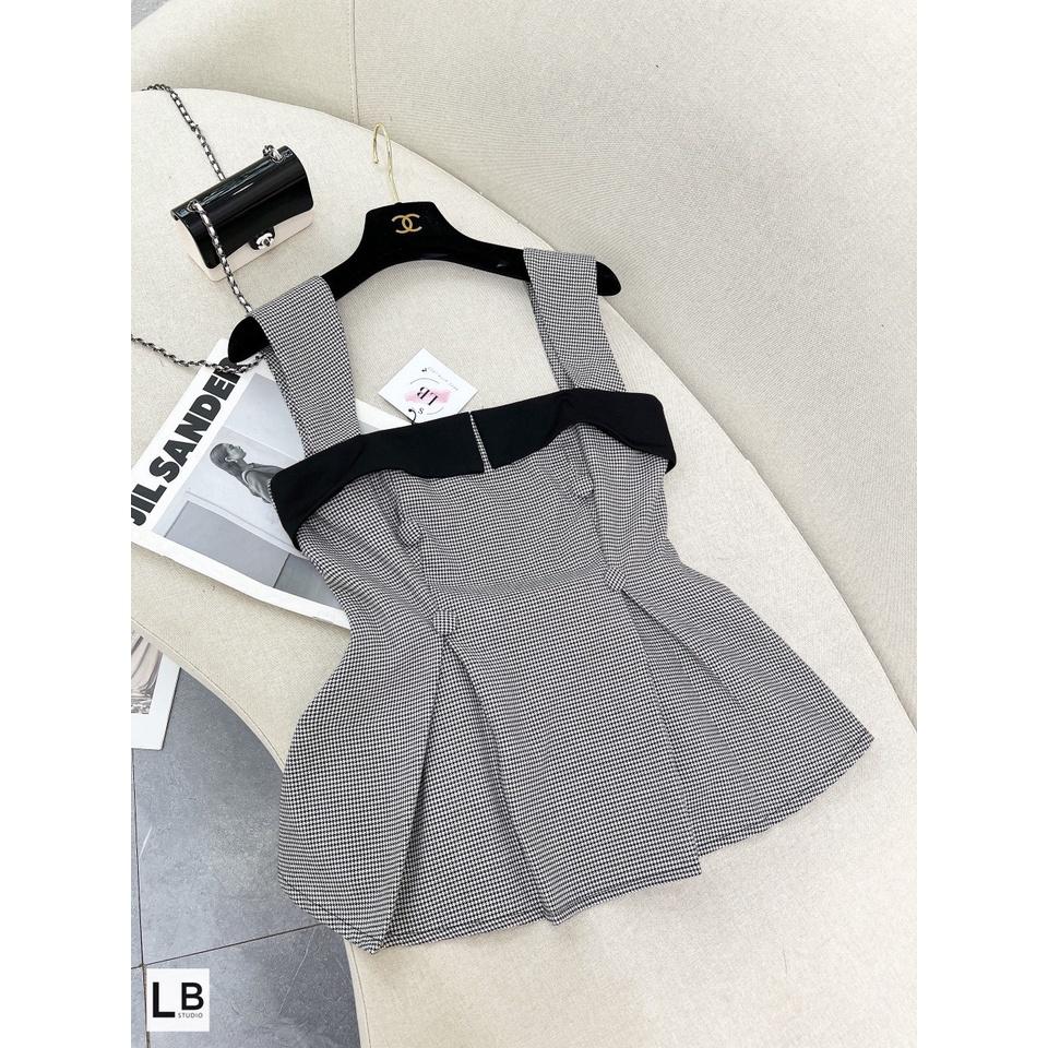 Bộ Áo 2 Dây Caro Kẻ Dáng Xòe Quần Short Ống Rộng