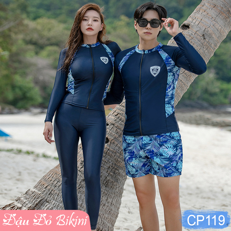Đồ Bơi Đôi Big Size Dài Tay &amp; Quần Dài Chống Nắng 3-4 chi tiết, bộ bơi size đại có áo khóa kéo dễ mặc, cỡ lớn đến 125kg, thun lạnh Lycra dày mịn mát | BN119 &amp; KT119