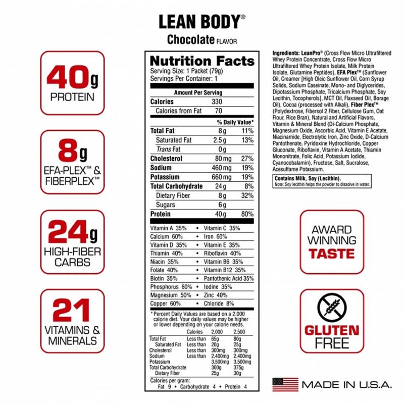 Labrada Lean Body (1 gói ), Sữa Thay Thế Bữa Ăn, 40g Protein, 8G Chất Béo Tốt & Chất Xơ, 22 Vitamin và Khoáng Chất