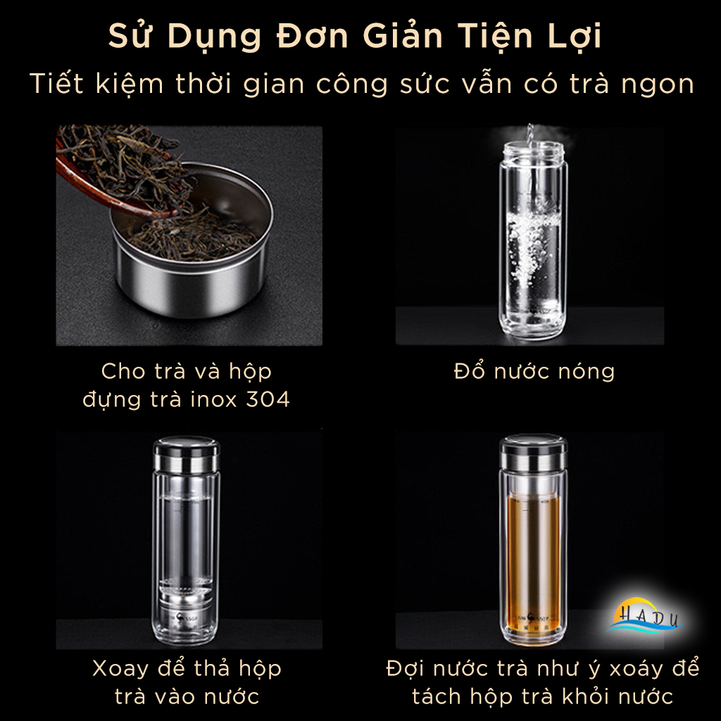 Bình Pha Trà Giữ Nhiệt Thủy Tinh 2 Lớp Có Lõi Lưới Lọc Cao Cấp 400ml Đạt Chất Lượng LFGB Đức SSGP