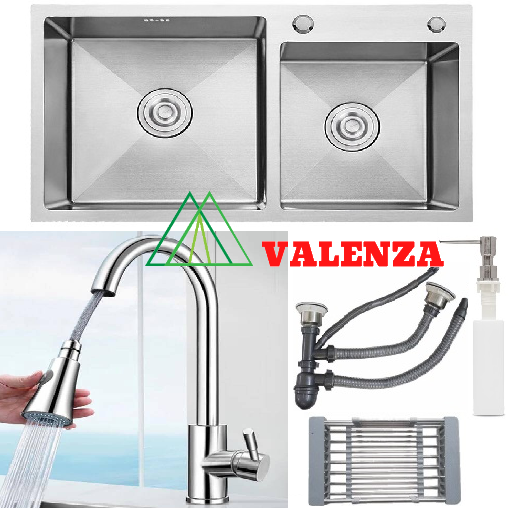 Combo chậu rửa bát inox Valenza sus304 8245 hố lệch, vòi rửa bát dây rút 01, bộ xả, rổ,bình xà phòng