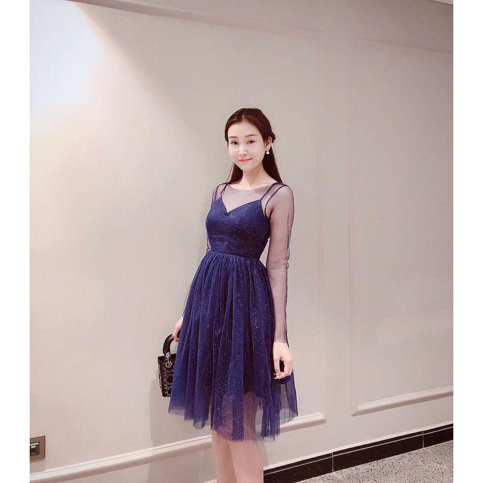 Đầm xoè xếp ly phối lưới kim tuyến 2 lớp siêu xinh