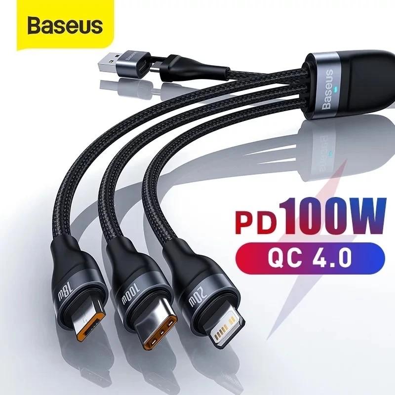 Cáp sạc và truyền data 3 đầu Baseus Flash Series 100W CA2T3 USB/TypeC to Micro//TypeC (3 MÀU TÙY CHỌN) - Hàng Chính Hãng