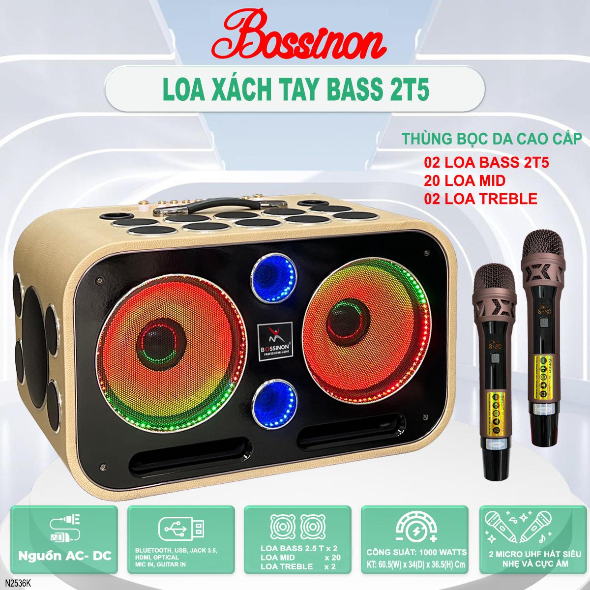 Loa karaoke xách tay N2536K Thương hiệu Bossinon công suất 1000W-Thùng loa sơn vân gỗ phủ bóng chống trầy, 20 Đường tiếng - HÀNG CHÍNH HÃNG