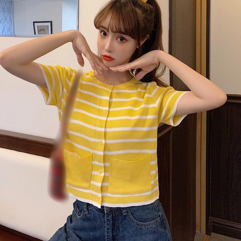 Áo Cardigan Ngắn Tay Kẻ Sọc Xinh Xắn Theo Phong Cách Hàn Quốc