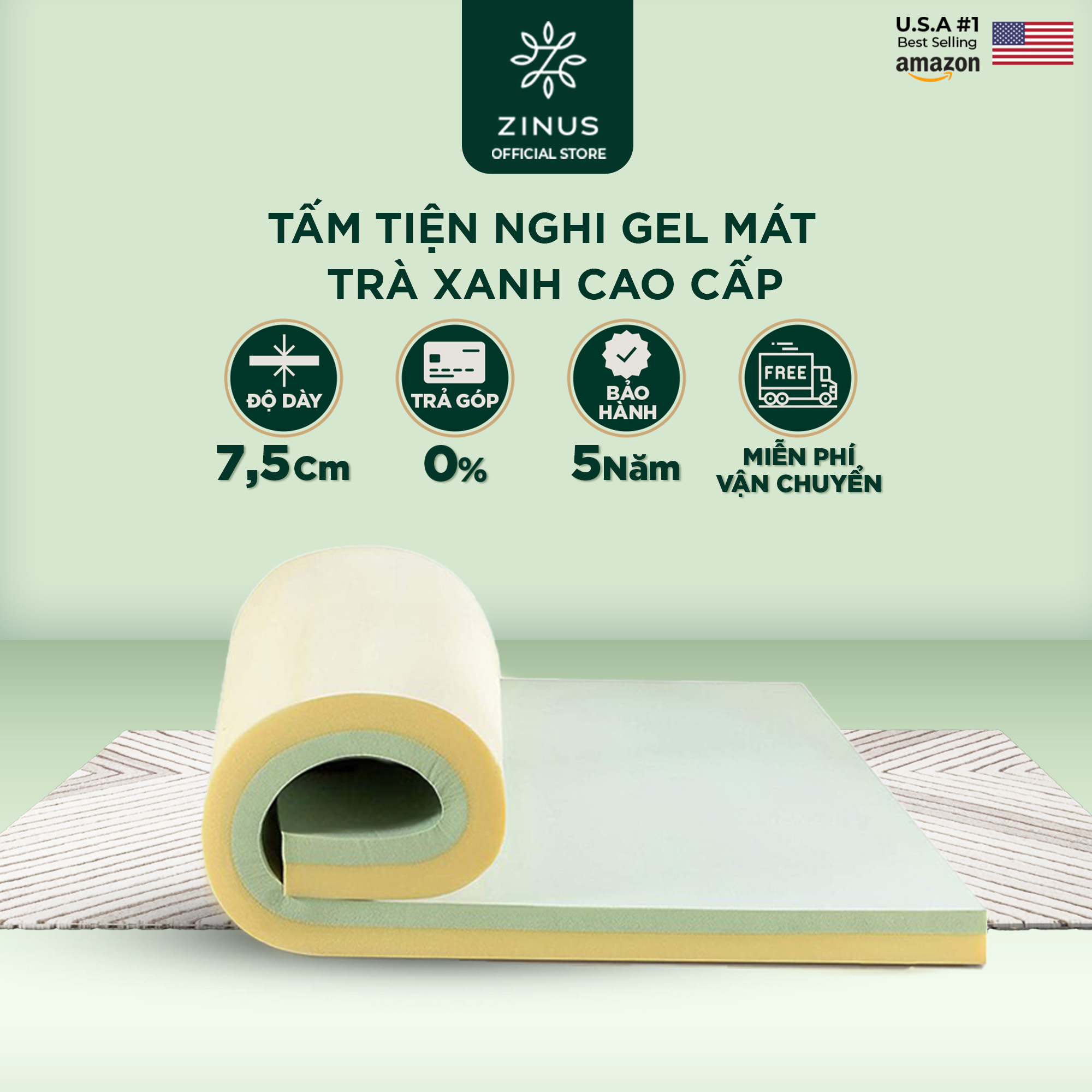 Topper Tấm Tiện Nghi Trà Xanh Gel Mát Làm Mềm Nệm Cao Cấp Zinus - Green Tea Memory Foam 160*200*7.5cm