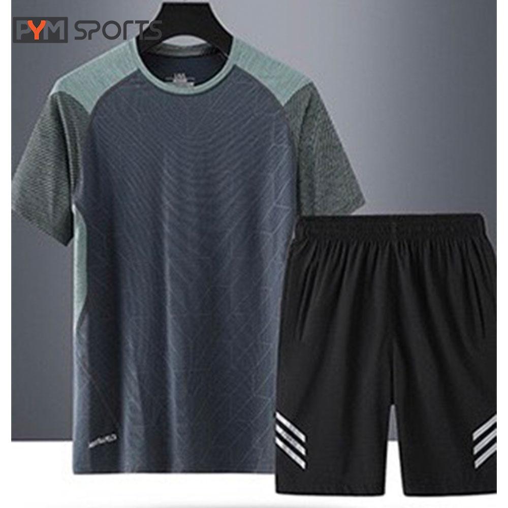 Bộ thể thao quần đùi Nam PYMSPORTS-PYMMB001, áo ép vân, tay áo phối màu, quần đùi 3 vạch