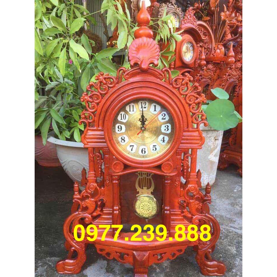 Đồng hồ để bàn gỗ hương cao 70cm mẫu hoa lá tây
