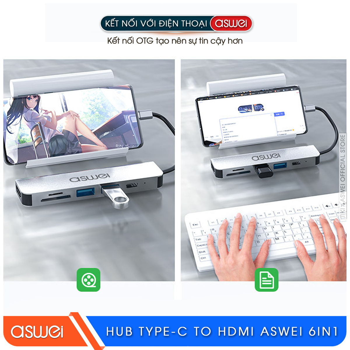 Hub Type C ASWEI 6 in 1 To HDMI, USB 3.0, SD, TF, PD 100W - Hàng Chính Hãng