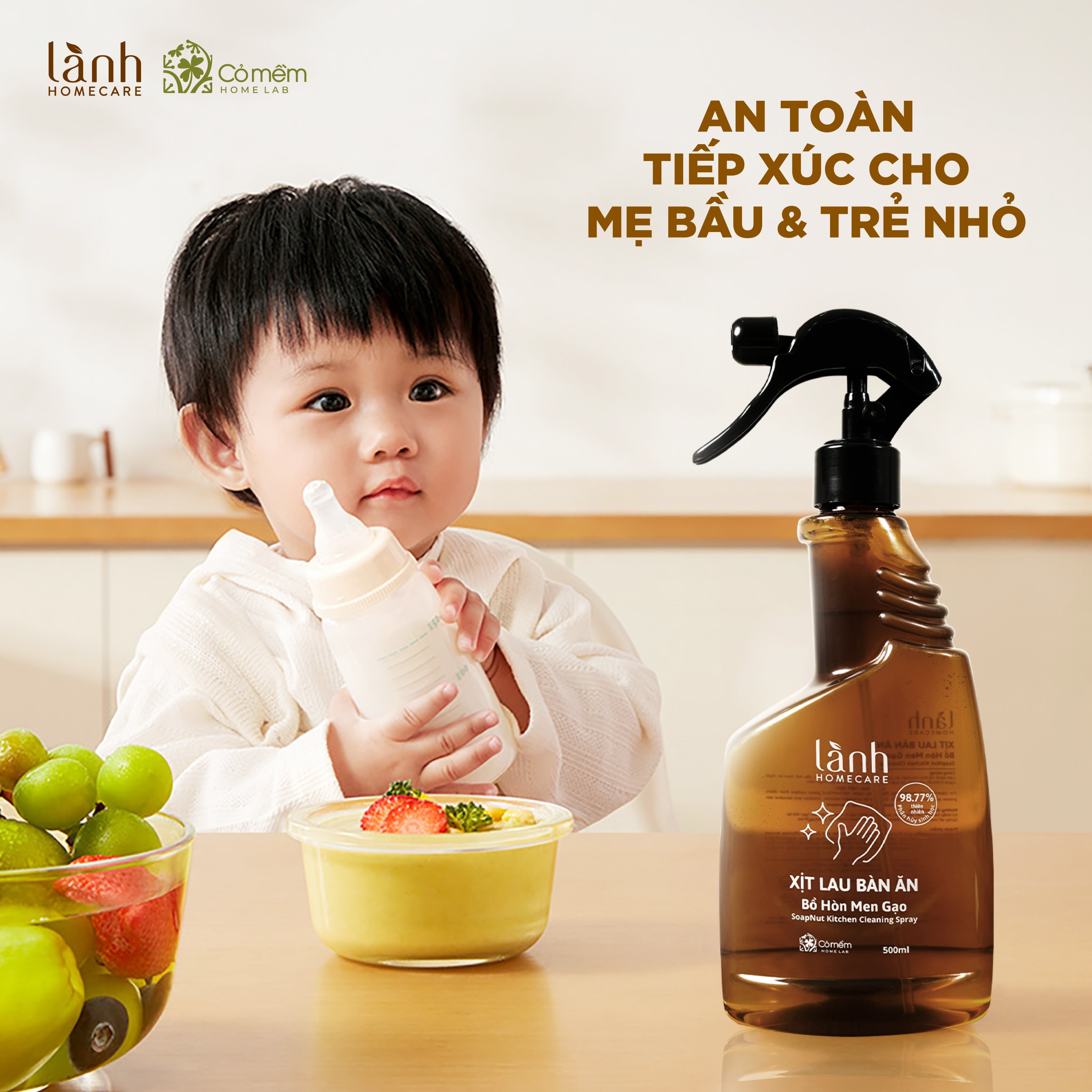 Nước Lau Bếp Lau Bàn Ăn Xịt Kính Đa Năng Bồ Hòn Men Gạo Thiên Nhiên An Lành Homecare Cỏ Mềm 500ml