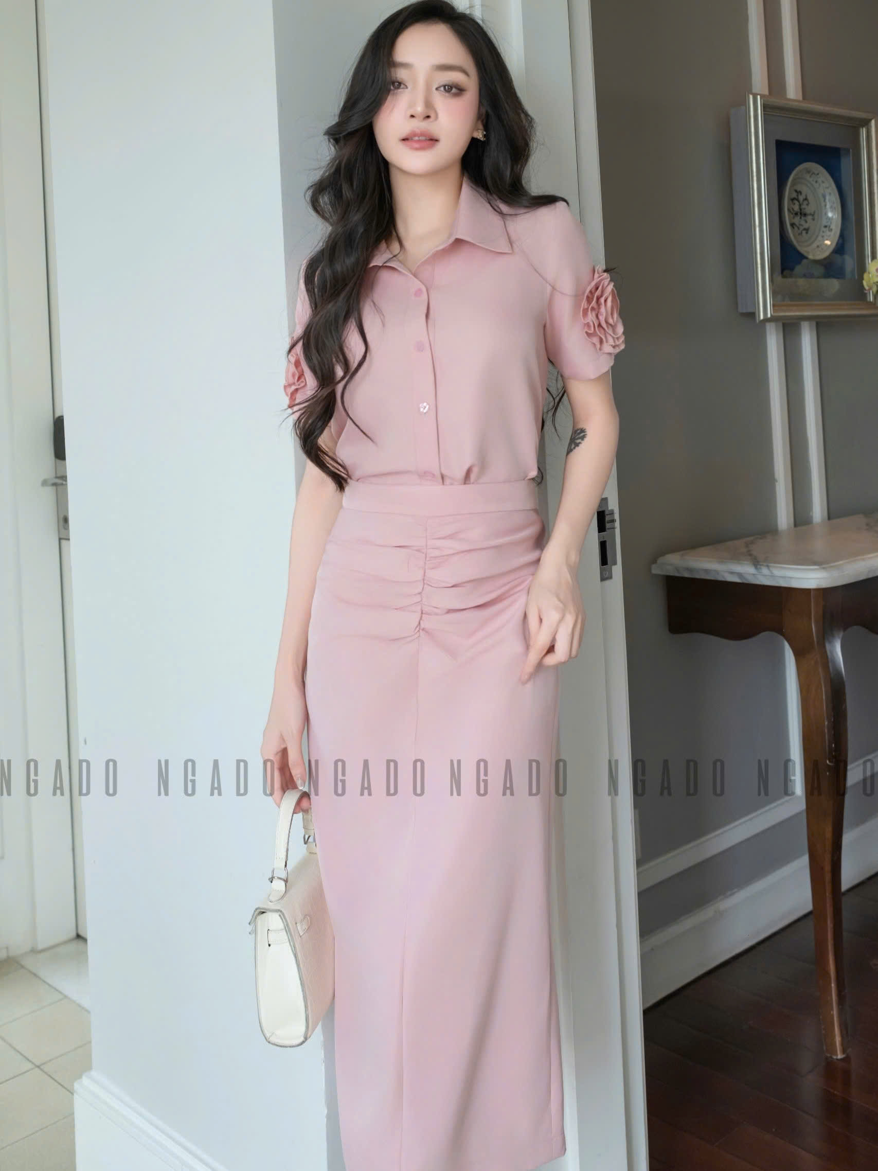 Set áo váy hồng tay hoa NGADO , set áo váy dài , set áo váy kiểu Nữ