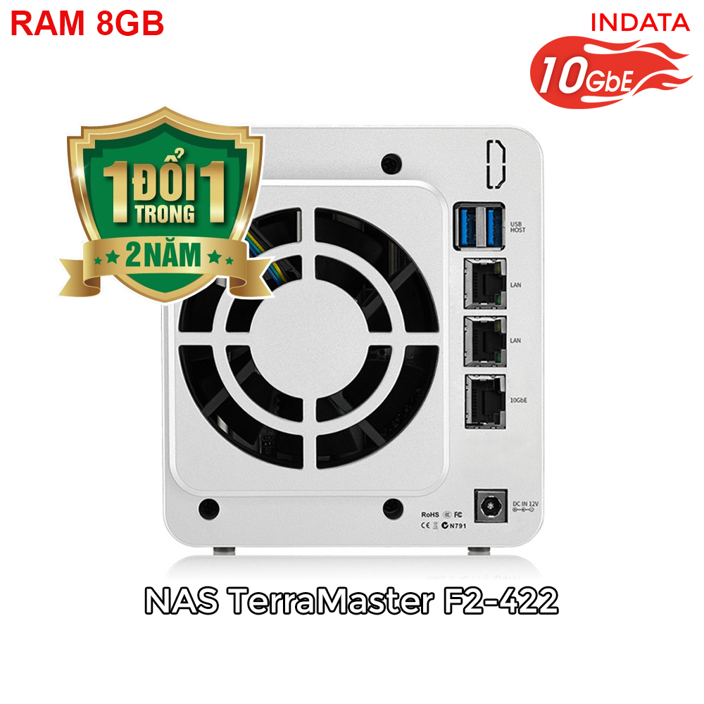 Bộ lưu trữ mạng NAS TerraMaster F2-422, LAN 10Gbps, Intel Quad-Core 1.5GHz, 8GB RAM, 651MB/s, 2 khay ổ cứng RAID 0,1,JBOD,Single - Hàng chính hãng