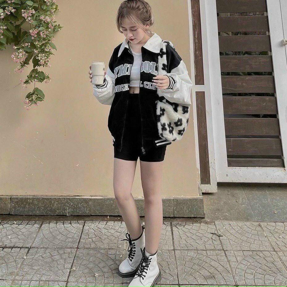 Áo khoác nữ bomber Unisex CỔ BẺ chất nhung tăm thêu chữ SYMPOLIC ,form rộng 2 lớp đẹp