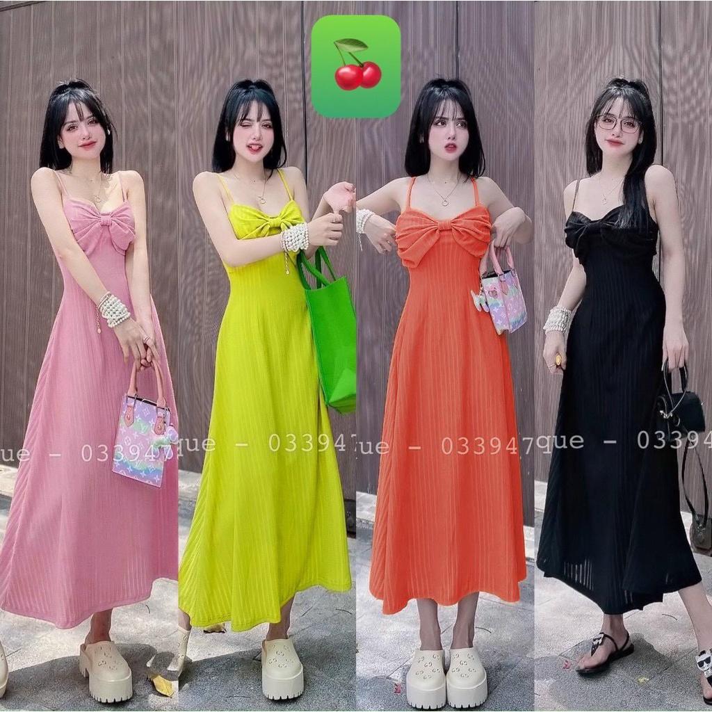 Đầm 2 dây form dài phối nơ to chất Thun Gân - Đầm 2 dây nữ tánh bánh bèo