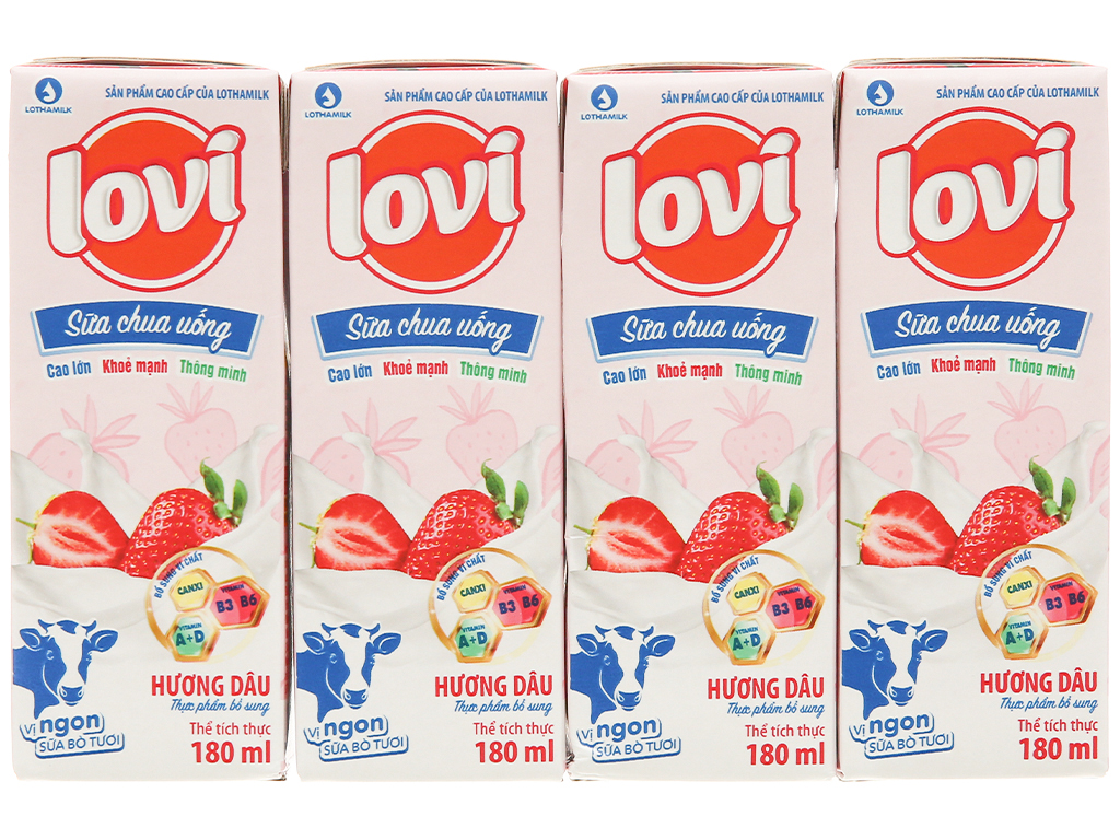 Thùng Sữa tươi tiệt trùng Lovi dâu hộp 180ml (4 hộp x 12 lốc)