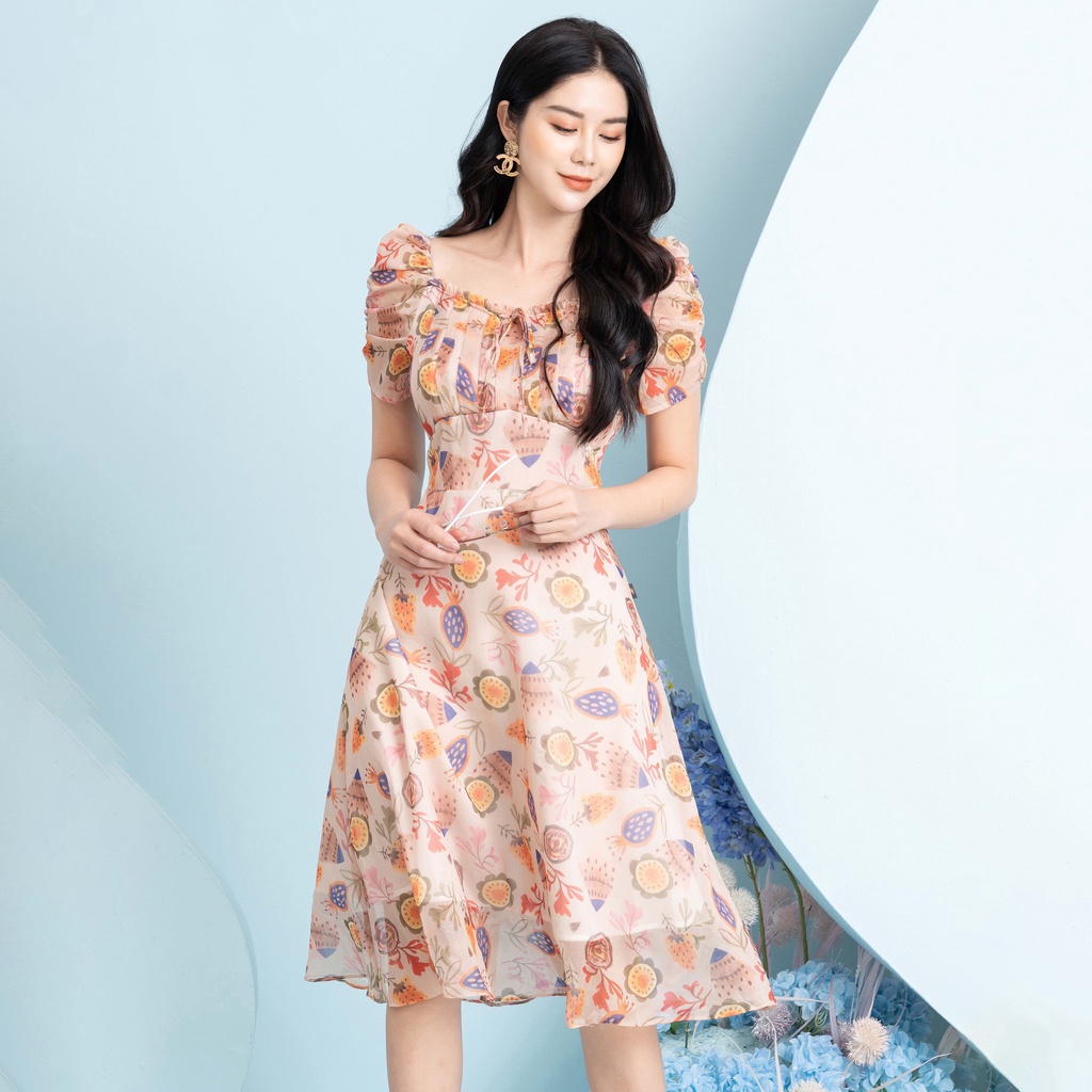 Đầm Hoa Xòe Phối Ngực NhúnThời Trang UK Fashion Thiết Kế Cổ Vuông Nữ Tính, Chất Liệu Vải Cao Cấp NKDV2203009