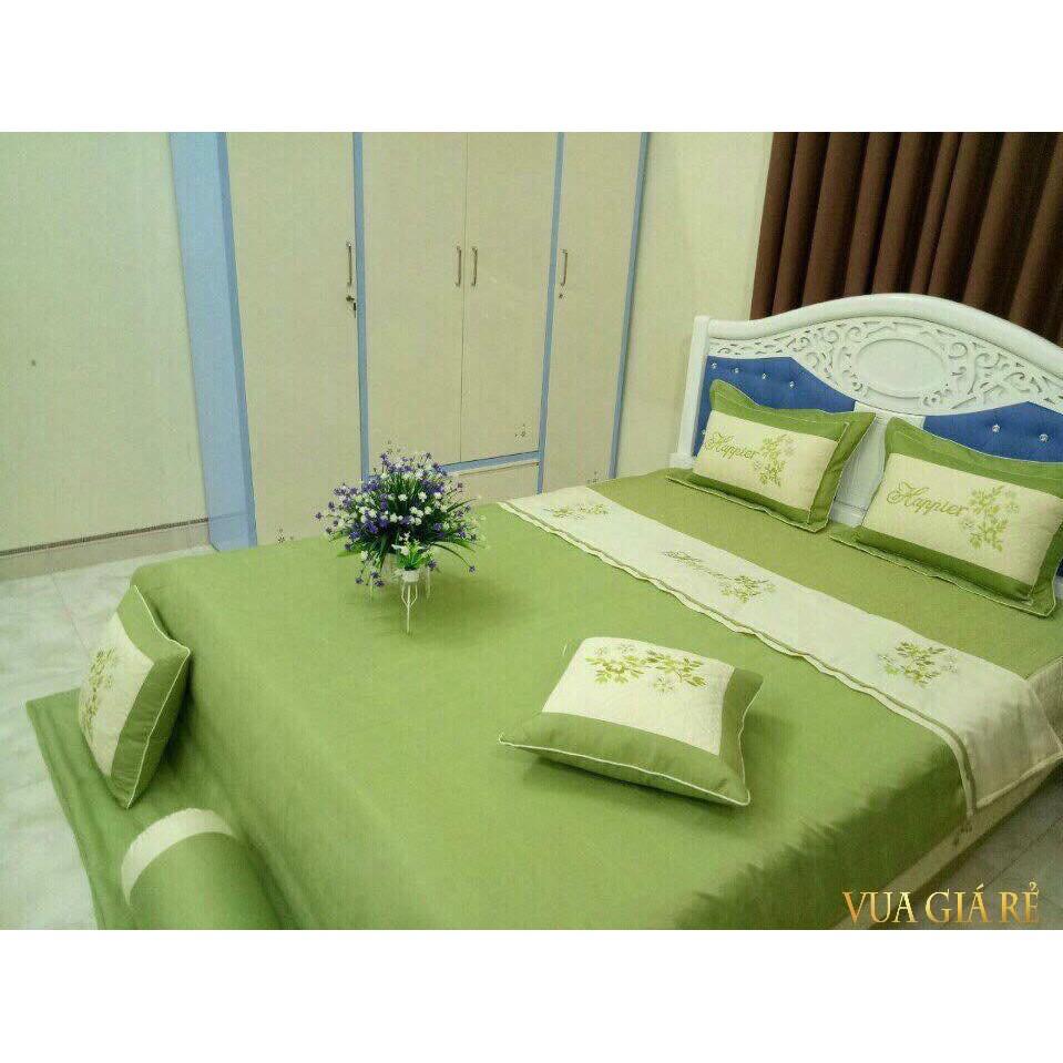Combo 7 Món Chăn Ga Gối Satin Dày Dặn Hàng Đẹp Màu XANH CỐM