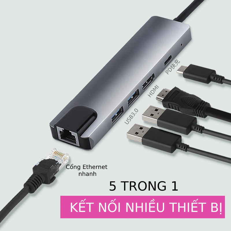 Bộ Chia Hub USB Type C Ra 5 Cổng USB 3.0, HDMI, sạc nhanh PD, cổng Ethernet nhanh