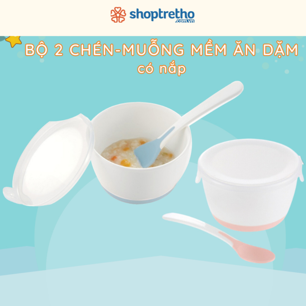 Bộ 2 chén ăn dặm TLI Richell Nhật Bản - bước 1 có nắp kèm 2 muỗng mềm