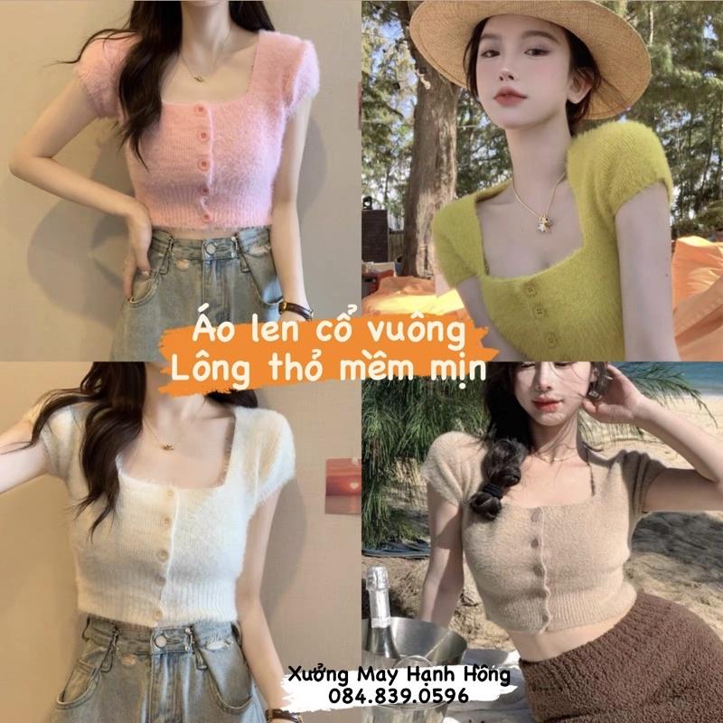 Áo len cổ vuông ngắn tay chất len lông thỏ, Áo cardigan len croptop hàng Quảng Châu