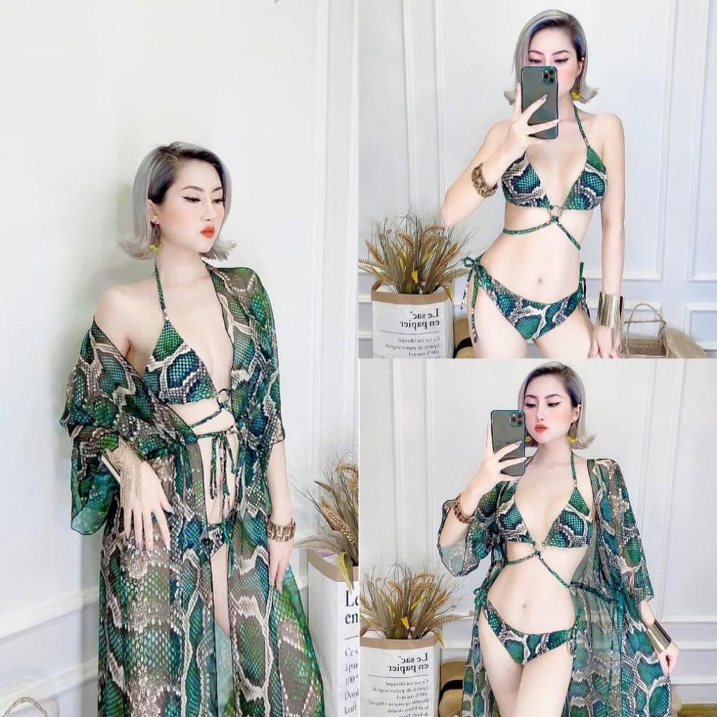 freeship Set bikini 3 chi tiết kèm áo choàng họa tiết da rắn xanh sang choảng mới nhất mặc đi biển đi bơi