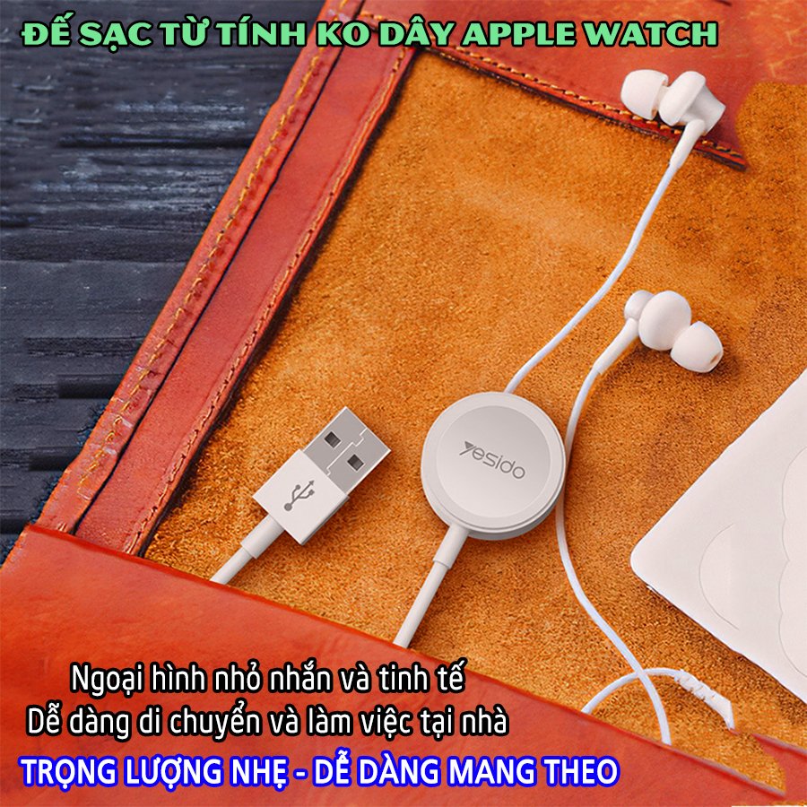 Sạc không dây dành cho đồng hồ thông minh - Dây cáp sạc nam châm dài 1 mét hàng chính hãng Yesido dành cho Apple Watch Series 1/2/3/4/5/6/Se_CA69