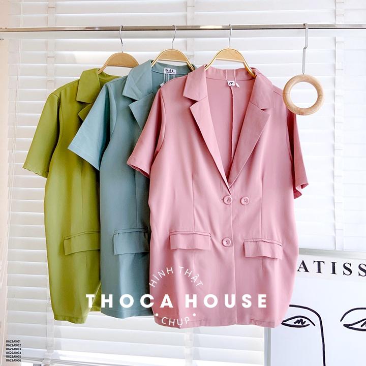 Áo vest nữ tay ngắn trơn khoác blazer túi nấp 3 nút THOCA HOUSE thanh lịch, dễ phối đồ