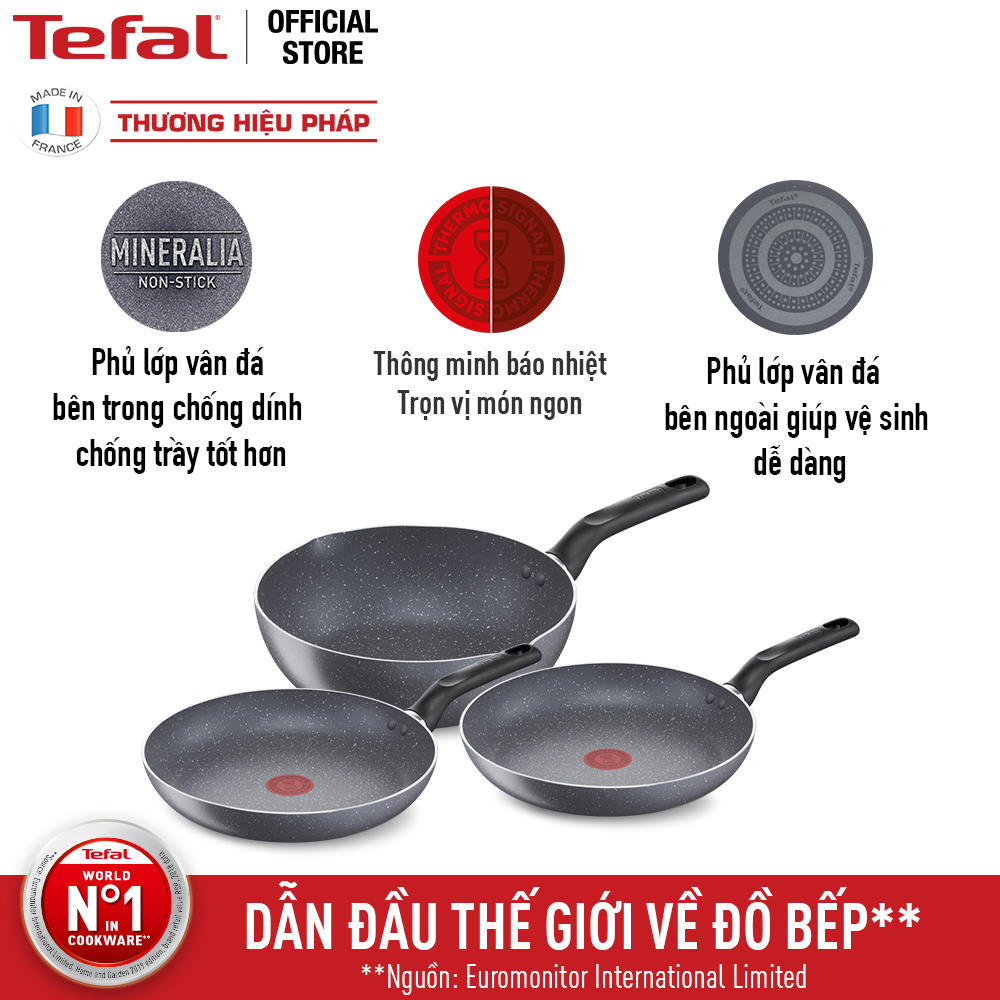 Combo 3 chảo chống dính Tefal - Chảo chiên 20cm Natura B2260295 & Chảo chiên 24cm Natura B2260495 & Chảo sâu lòng 24cm Natura B2266495 - Hàng chính hãng
