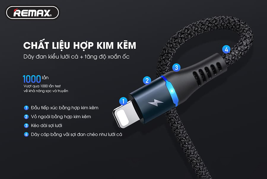 Cáp sạc USB to IP Remax RC-152i chiều dài 1m sạc 2.4A và truyền dữ liệu đồng thời 480MB/s có đèn tiện lợi - Hàng chính hãng