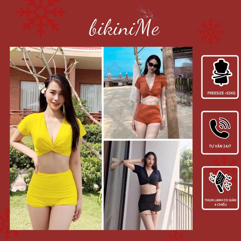 Bikini Đồ Bơi Nữ Hai Mảnh Quần Đùi Cạp Cao Áo Croptop Xoắn Bụng Đen/ Cam/ Vàng R4