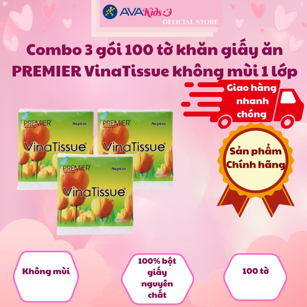 Combo 3 gói 100 tờ khăn giấy ăn PREMIER VinaTissue không mùi 1 lớp