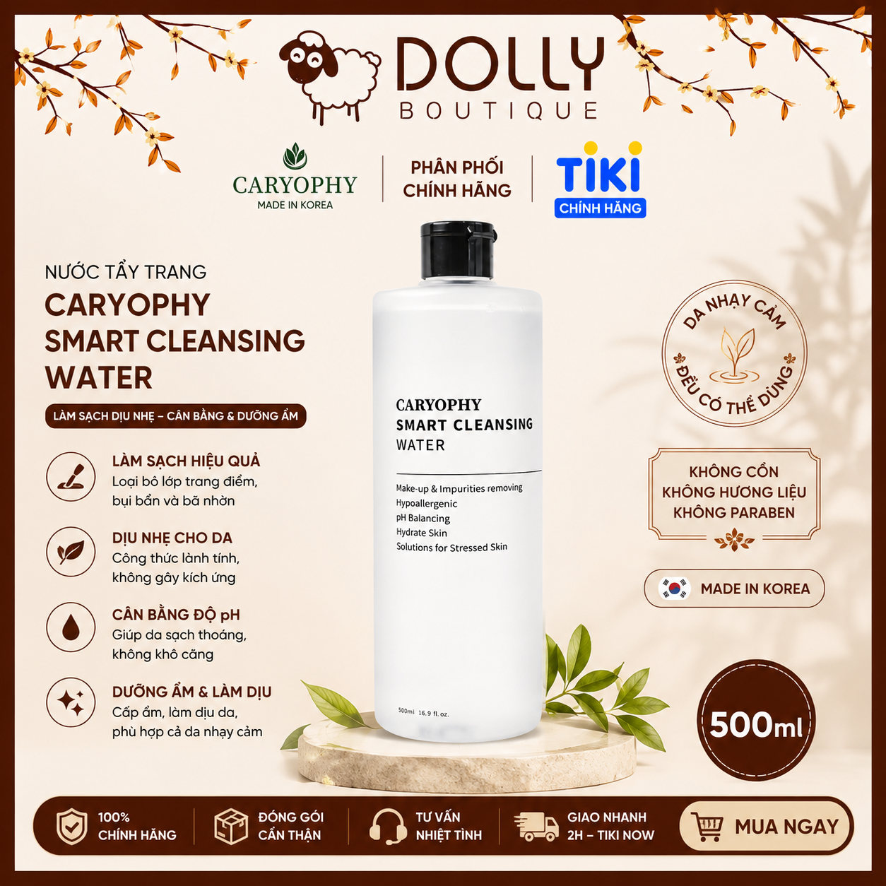 Nước Tẩy Trang Cho Da Dầu Mụn & Nhạy Cảm Caryophy Smart Cleansing Water 500ml