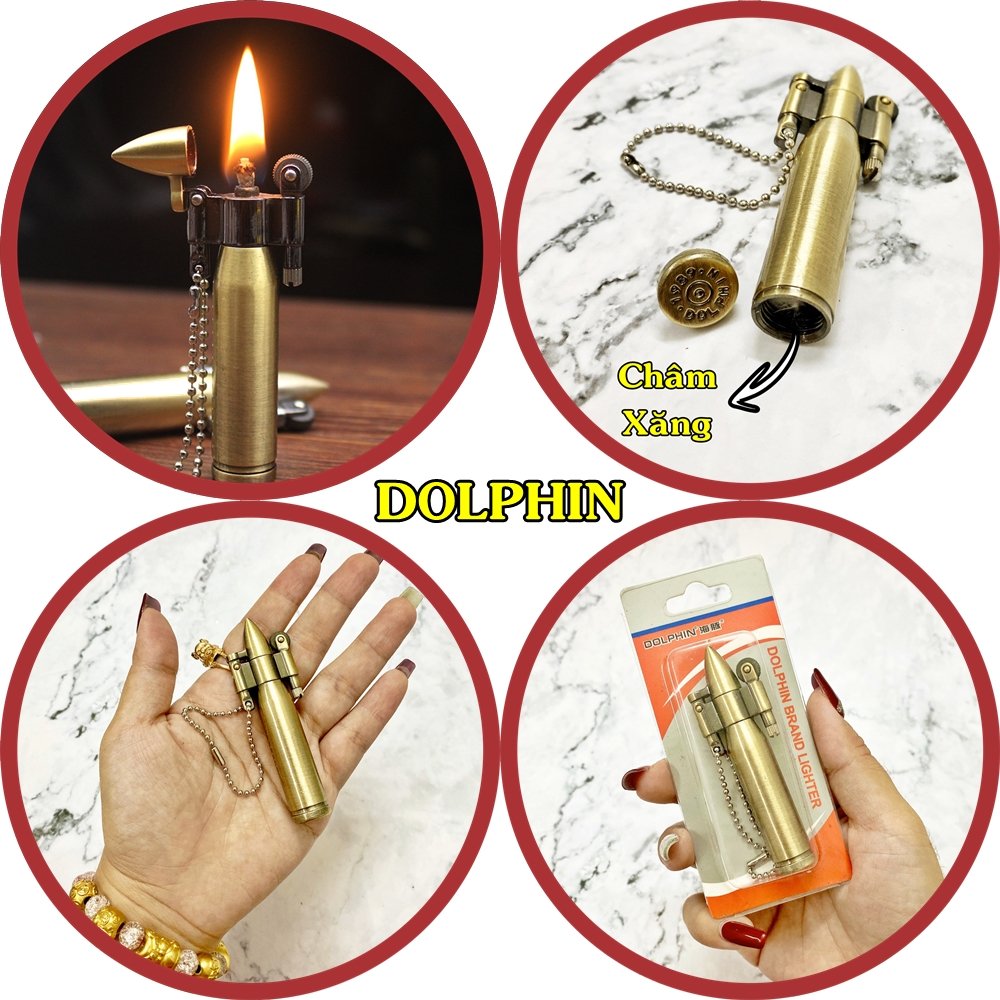 Hột quẹt bật lửa móc khóa Dolphin xăng đá cổ hình viên đạn (kim loại) - (xài xăng