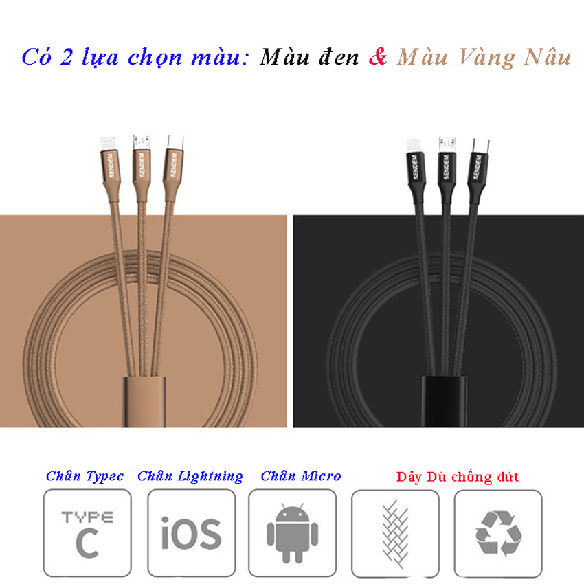 Cáp sạc 3 chân Sendem M10, cáp sạc 3in1 -  Hàng chính hãng dây sạc Lightning, Microusb, TypeC - cáp sạc đa năng sạc nhanh truyền dữ liệu tốt