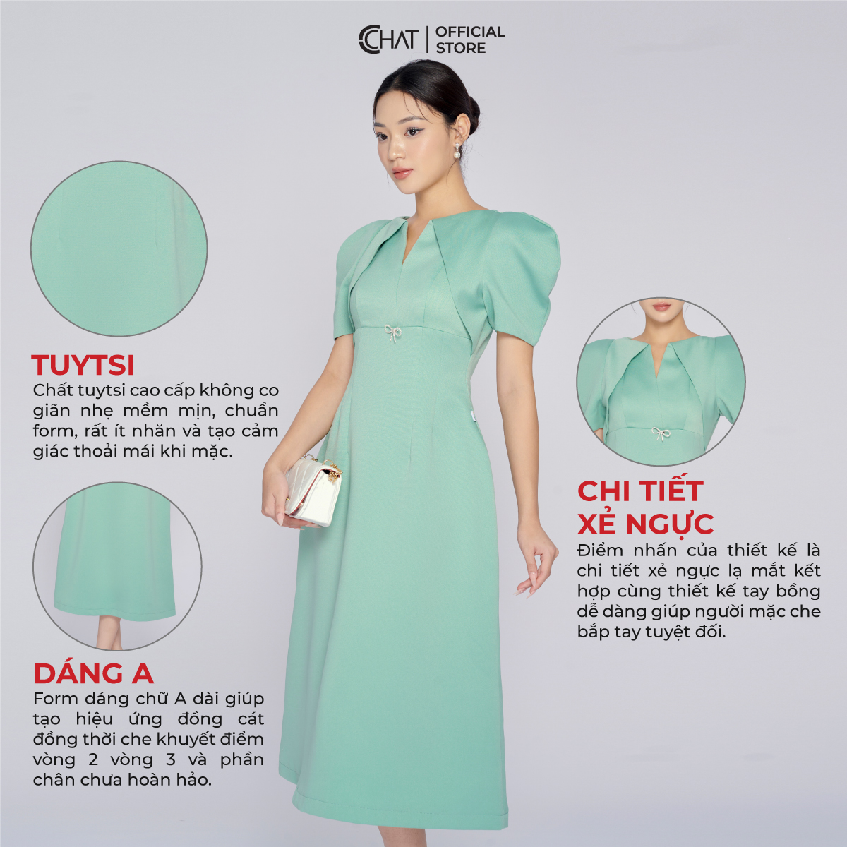 Đầm Nữ Dáng A Cổ Lật Tay Bồng Chất Tuytsi Cao Cấp Thanh Lịch 13VNS2010AT
