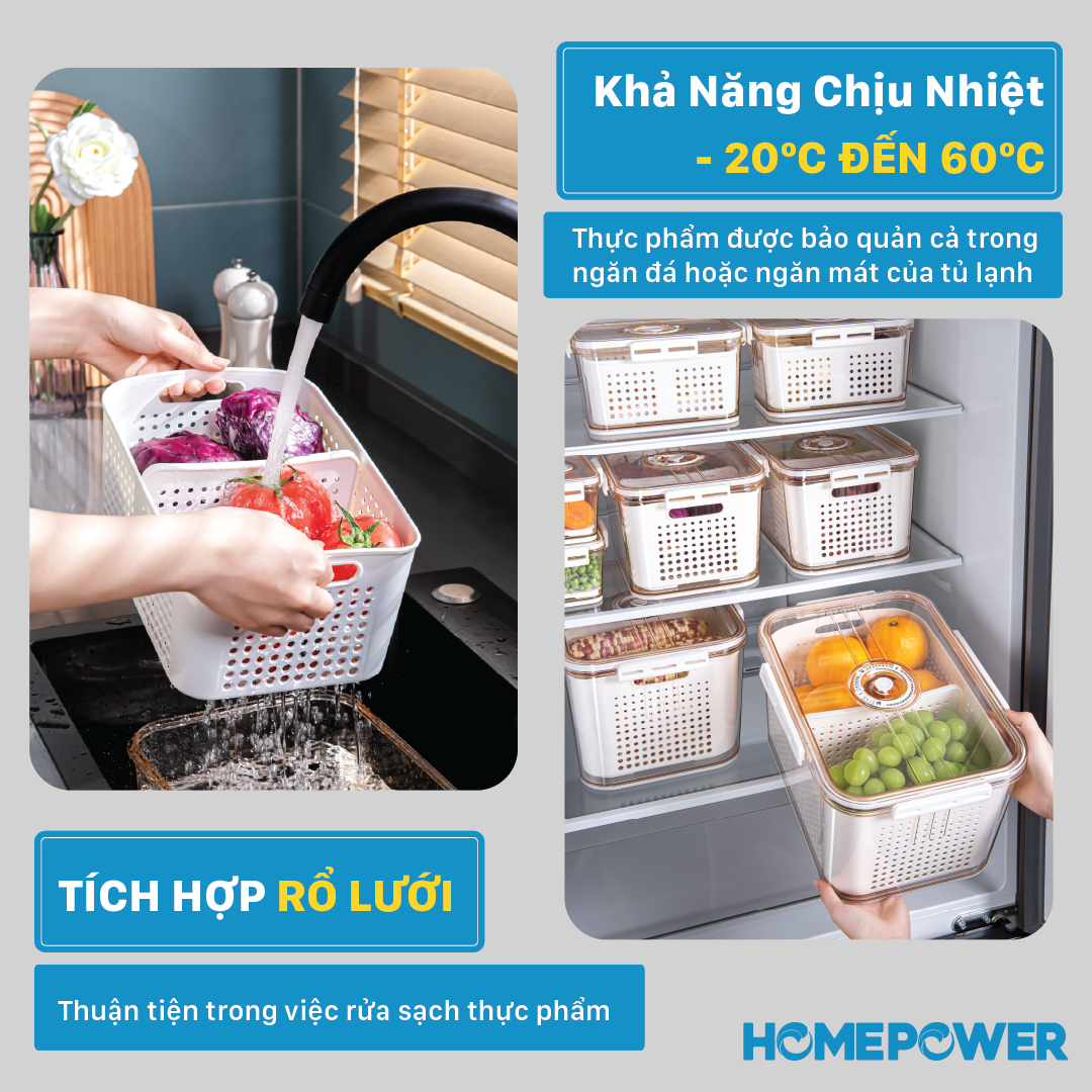 Hộp nhựa đựng thực phẩm tủ lạnh 2 lớp Homepower ghi chú thời gian bảo quản thông minh kèm rổ thoát nước tiện lợi - Cao cấp