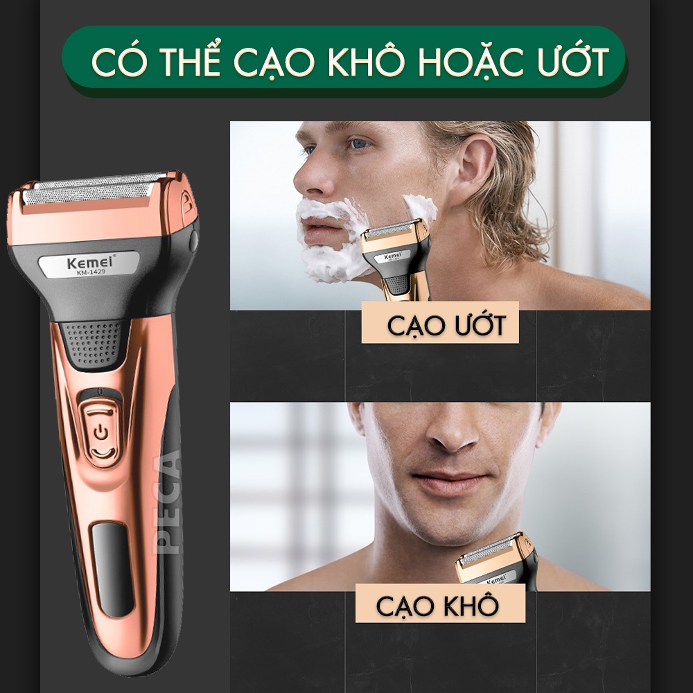 Máy cạo râu đa năng 3in1 Kemei KM-1429 gồm 3 đầu cắt thay thế dùng cắt tóc, cạo râu, tỉa lông mũi sử dụng cạo khô và ướt đều được