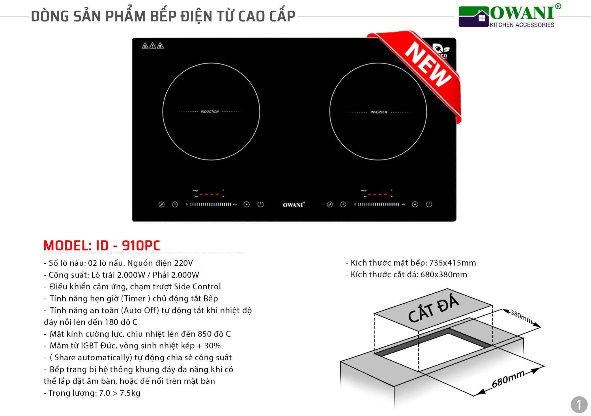 Bếp Đôi Điện Từ Inverter Cảm Ứng Đặt Âm OWANI ID-910PC - Hàng Chính Hãng