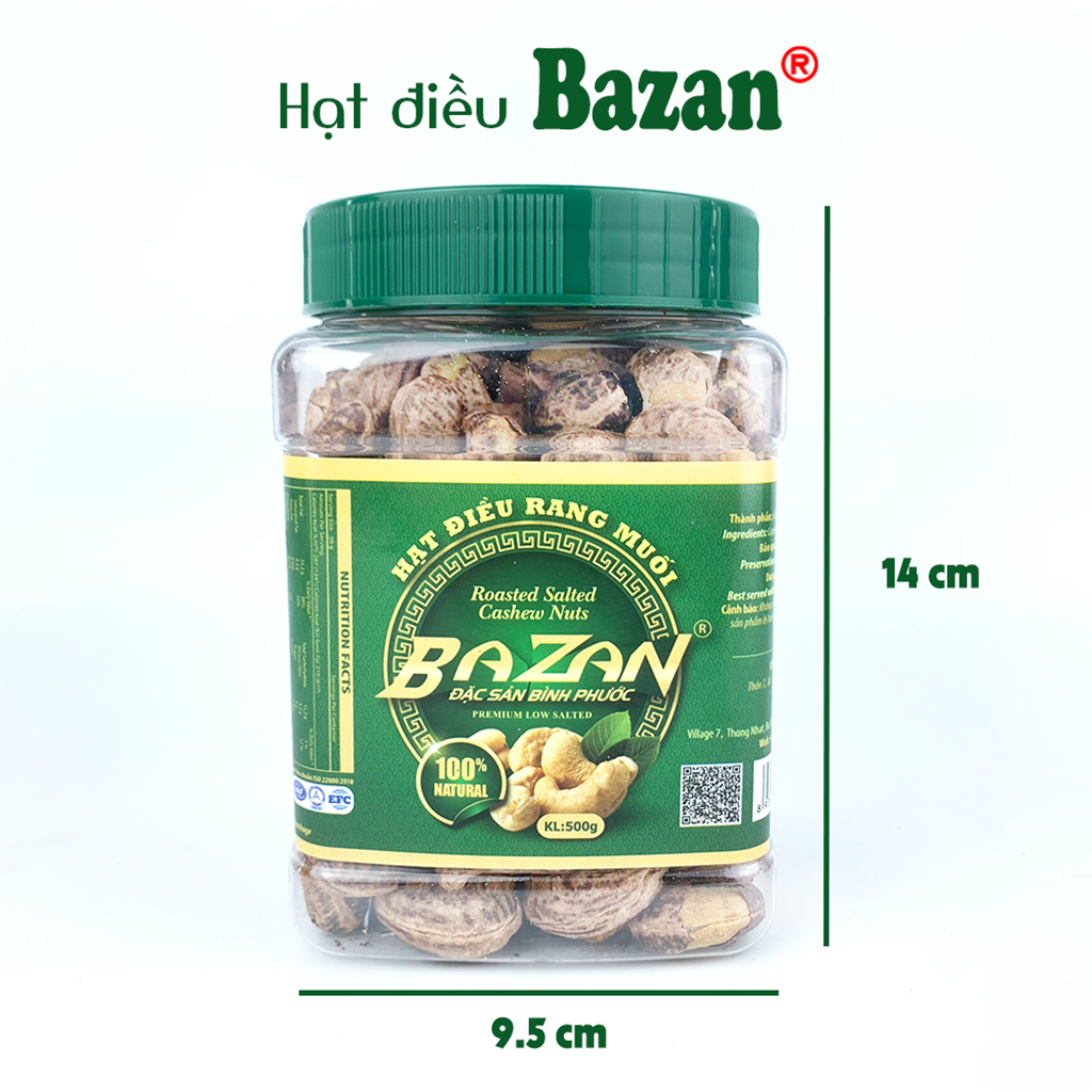 Hạt điều rang muối Bazan Bình Phước nguyên hạt dinh dưỡng A+ loại 1 hộp 500g nắp xanh còn vỏ lụa