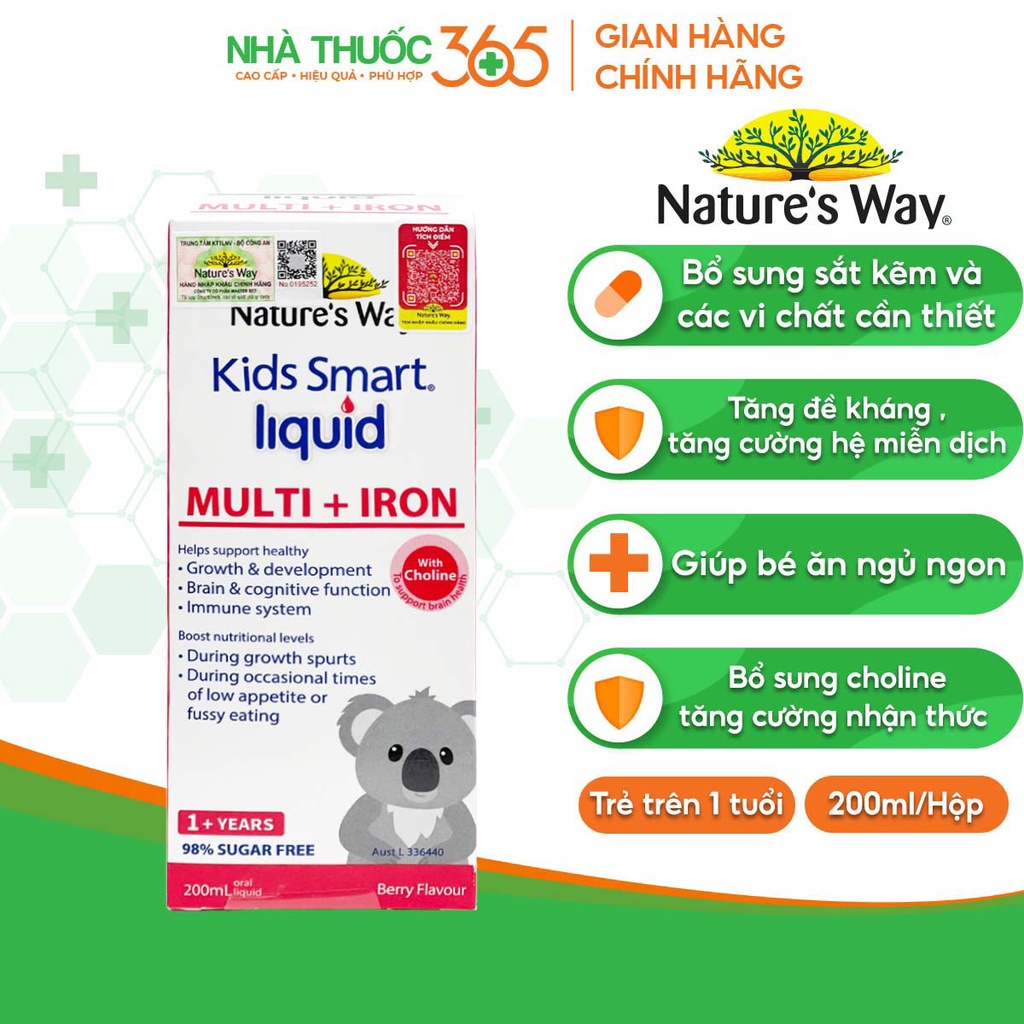 Siro Uống Nature's Way Kids Smart Liquid Multi + Iron Hỗ Trợ Nâng Cao Sức Đề Kháng Cho Trẻ 200ml