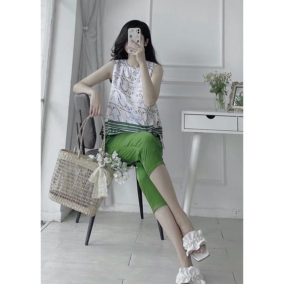 Hàng thiết kế️️Set áo sát nách in chữ phối quần lửng xanh