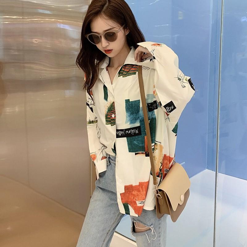 Áo sơ mi dài tay form rộng in họa tiết hoạt hình phong cách vintage thời trang