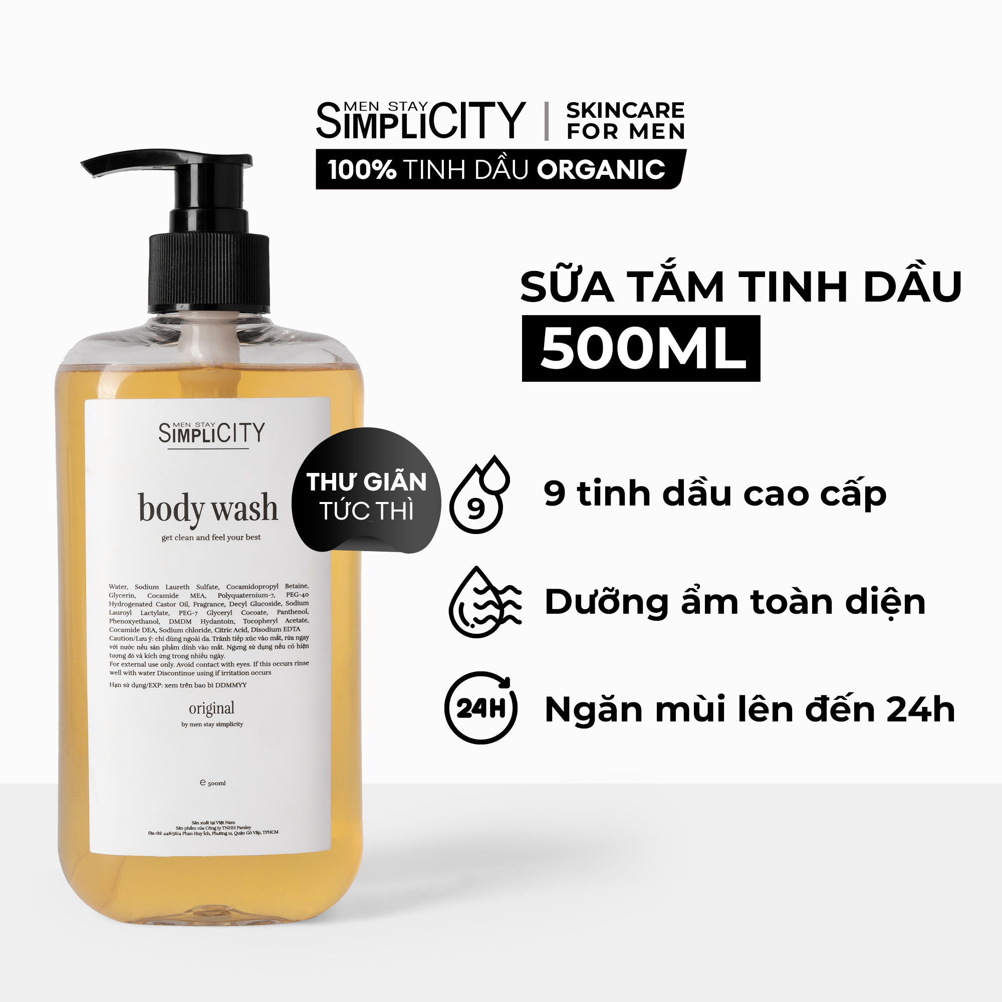 Bộ đôi tắm sạch toàn thân Men Stay Simplicity: Sữa tắm tinh dầu cao cấp 500ml và Dung dịch vệ sinh nam làm sạch & ngăn mùi 135ml