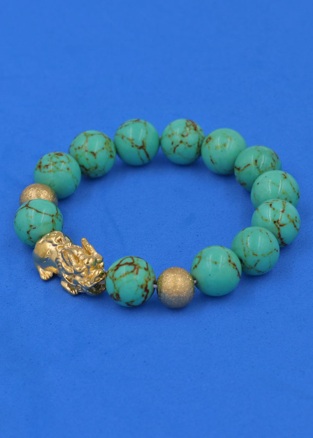 Chuỗi đeo tay San Hô Xanh Ngọc Sọc 12 ly - cẩn Tỳ Hưu Phong Thủy inox vàng VSHXLSTHHBV12