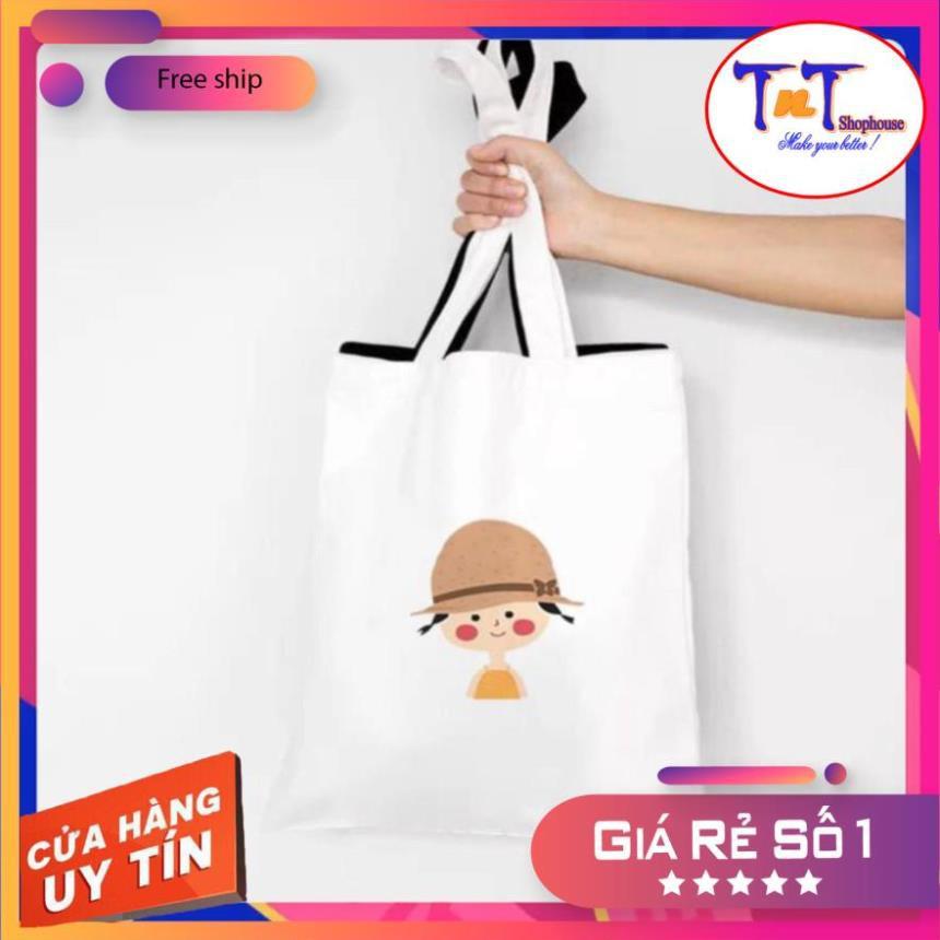 Túi tote vải canvas có khóa kéo miệng túi in hình dễ thương