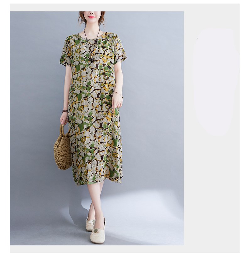 Đầm Linen nữ dáng suông hoa nhí thiết kế cơ bản cổ tròn ngắn tay, chất liệu linen mềm mát Đũi Việt